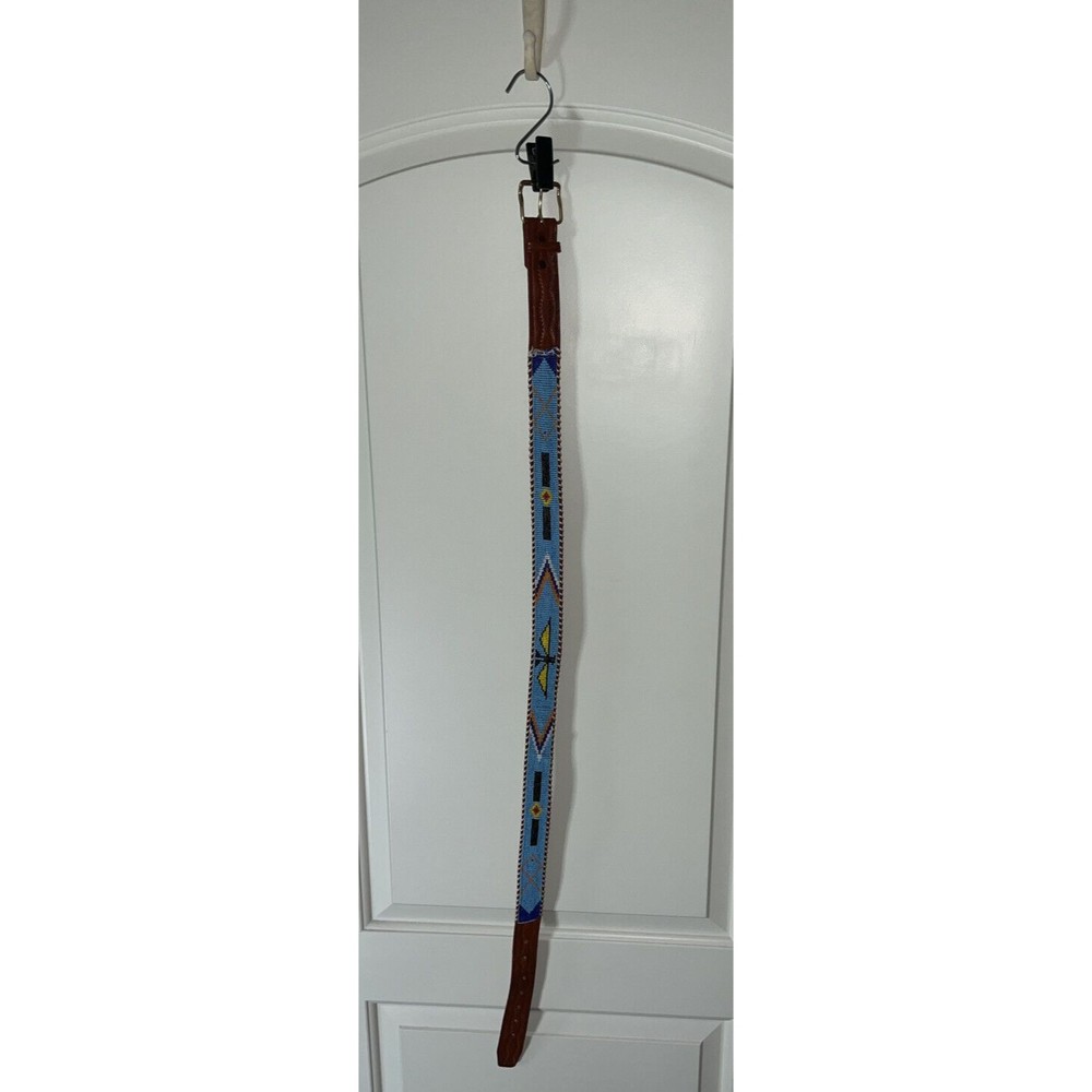 VTG Tooled & Beaded Leather Belt, Tan, Sz. Large